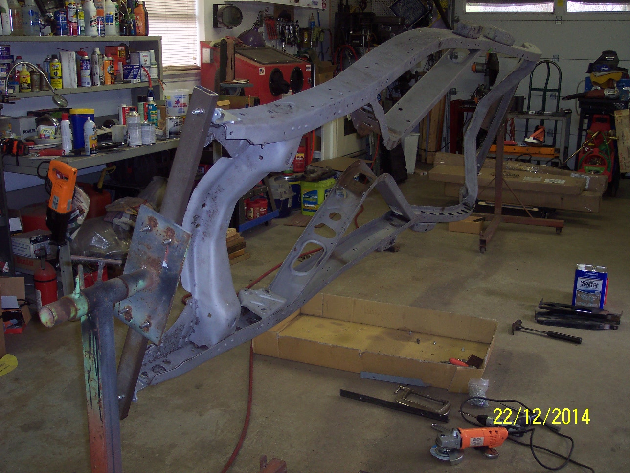 The frame rails being prepped.